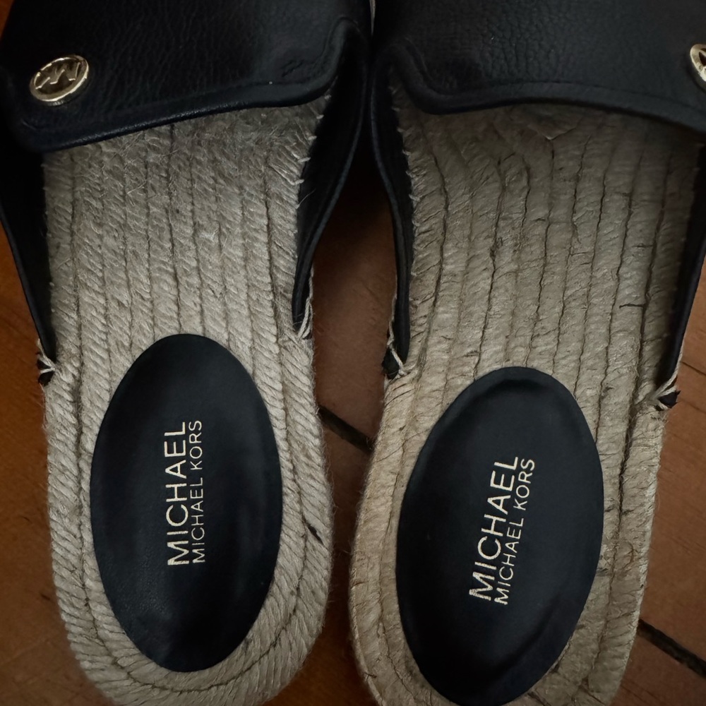 Michael Kors Black Leather Slip-On Espadrille Slides with Gold MK Accent - Picture 5 of 8